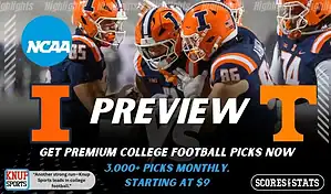 College football preview graphic featuring Illinois Fighting Illini and Tennessee Volunteers logos with players in orange uniforms huddling and the word preview across the center
