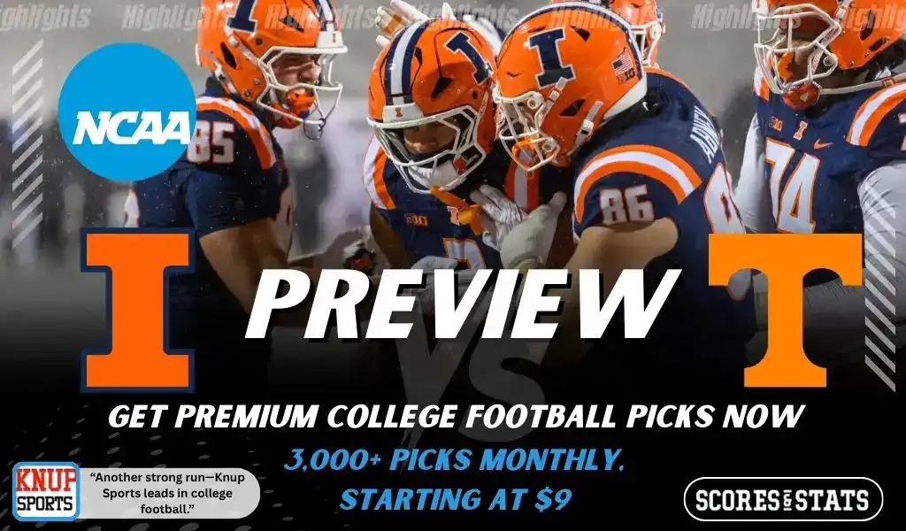 College football preview graphic featuring Illinois Fighting Illini and Tennessee Volunteers logos with players in orange uniforms huddling and the word preview across the center