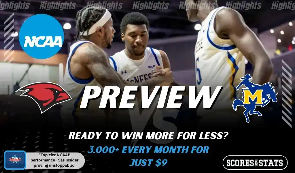 Incarnate Word Cardinals vs McNeese Cowboys preview graphic featuring NCAA basketball matchup promotion for December 1 2025.