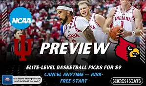 Indiana Hoosiers and Louisville Cardinals featured in NCAA basketball preview graphic ahead of their upcoming matchup.