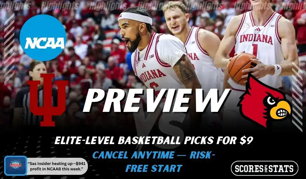 Indiana Hoosiers and Louisville Cardinals featured in NCAA basketball preview graphic ahead of their upcoming matchup.
