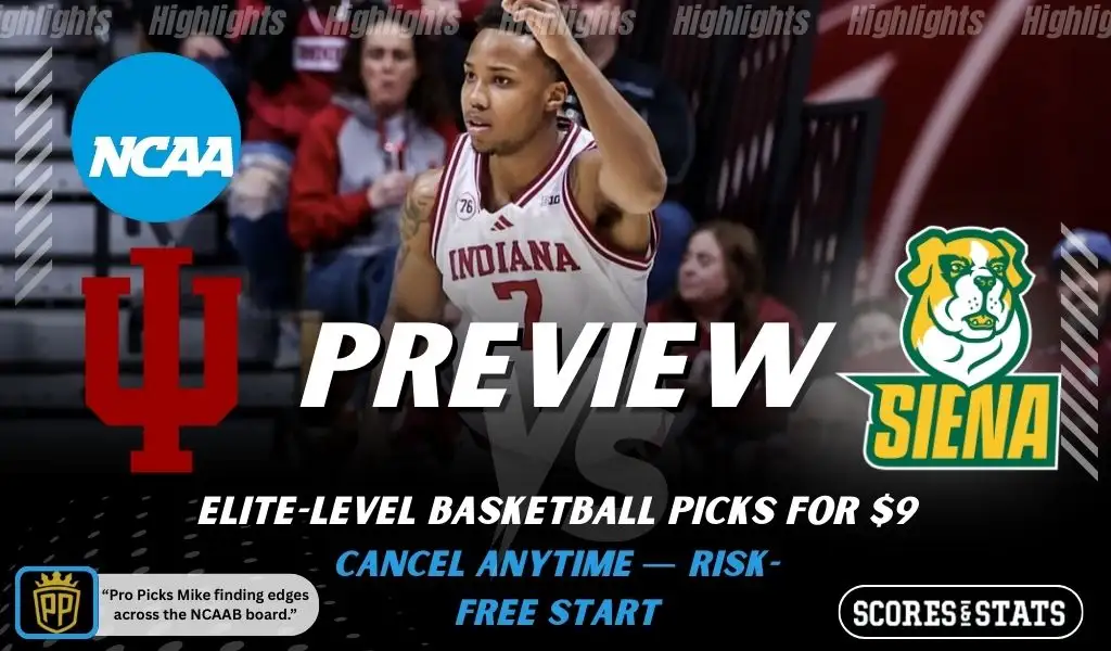 Indiana Hoosiers vs Siena Saints NCAA basketball preview graphic featuring an Indiana player with Indiana and Siena logos and Scores and Stats branding