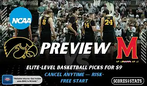 Iowa Hawkeyes and Maryland Terrapins featured in NCAA basketball preview graphic ahead of their upcoming matchup.
