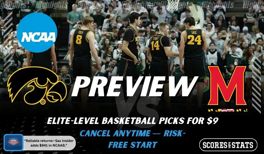 Iowa Hawkeyes and Maryland Terrapins featured in NCAA basketball preview graphic ahead of their upcoming matchup.