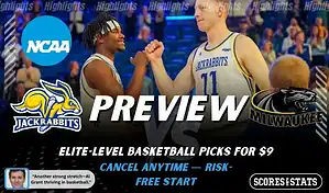 South Dakota State Jackrabbits vs Milwaukee Panthers NCAA basketball preview graphic showing two players fist bumping with team logos and Scores and Stats branding