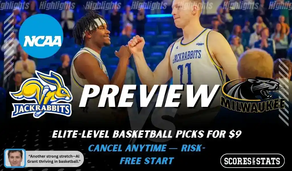 South Dakota State Jackrabbits vs Milwaukee Panthers NCAA basketball preview graphic showing two players fist bumping with team logos and Scores and Stats branding