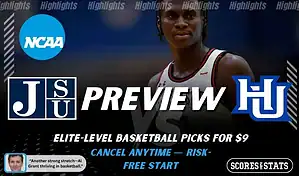 Jackson State Tigers vs Hampton Pirates NCAA basketball game preview image featuring Jackson State player on the court with team logos displayed