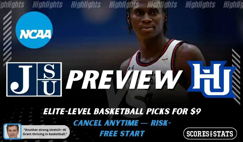 Jackson State Tigers vs Hampton Pirates NCAA basketball game preview image featuring Jackson State player on the court with team logos displayed