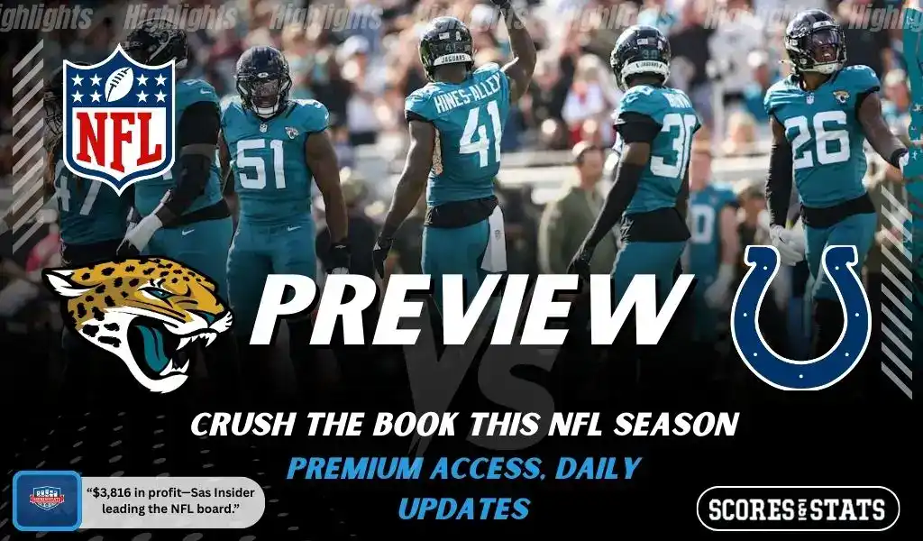 Jacksonville Jaguars and Indianapolis Colts featured in NFL preview graphic ahead of their upcoming matchup.