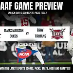 NCAAF game preview graphic featuring James Madison vs Troy Sun Belt, with sports stats and analysis information.
