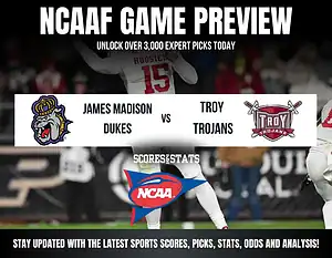 NCAAF game preview graphic featuring James Madison vs Troy Sun Belt, with sports stats and analysis information.