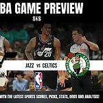 NBA game preview featuring the Utah Jazz vs. Boston Celtics, highlighting team logos and players in action.