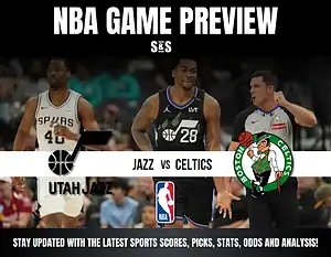 NBA game preview featuring the Utah Jazz vs. Boston Celtics, highlighting team logos and players in action.