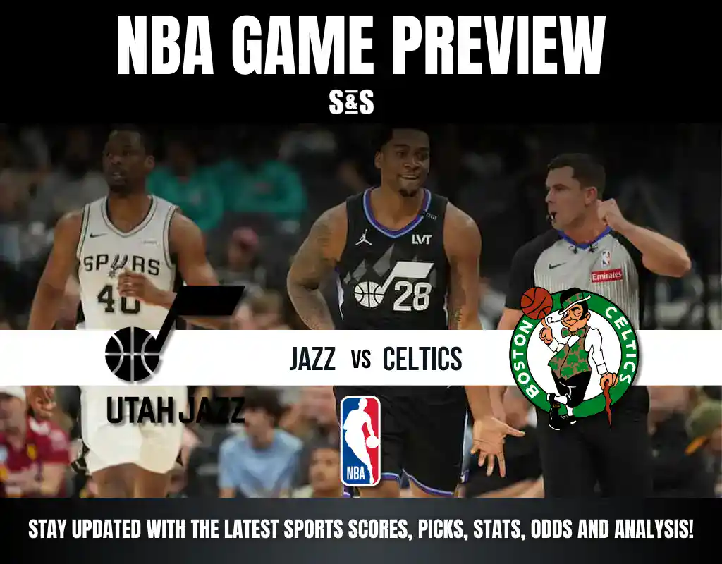 NBA game preview featuring the Utah Jazz vs. Boston Celtics, highlighting team logos and players in action.