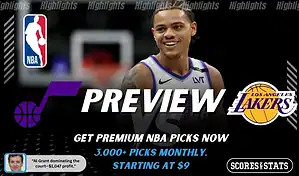 Utah Jazz vs Los Angeles Lakers NBA game preview image featuring Jazz player smiling on the court with team logos displayed