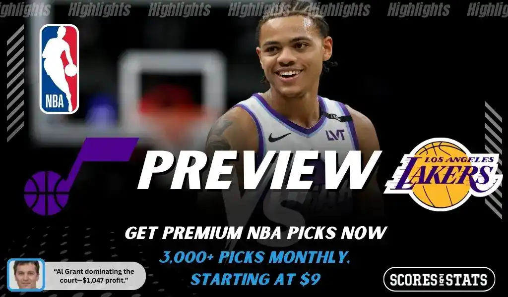 5 Utah Jazz vs Los Angeles Lakers NBA game preview image featuring Jazz player smiling on the court with team logos displayed