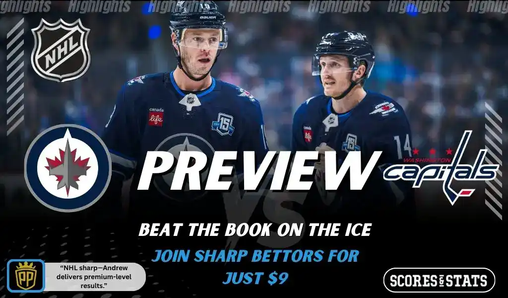 Winnipeg Jets players face the Washington Capitals during an NHL game preview graphic with team logos and on-ice action.