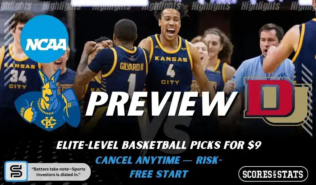 College basketball preview graphic featuring Kansas City Roos and Denver Pioneers logos with Kansas City players celebrating on the court and the word preview across the center