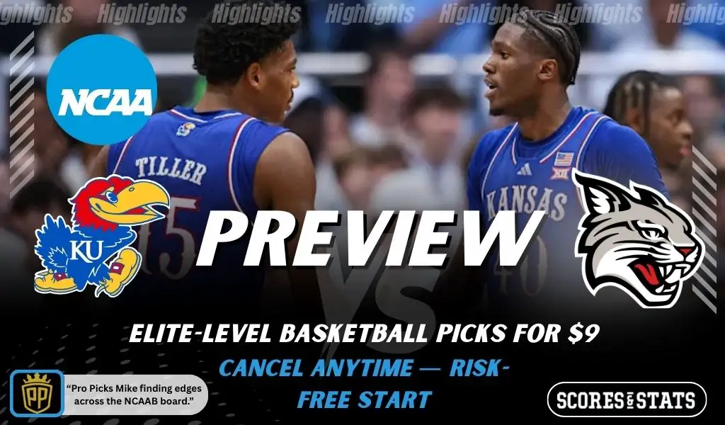 Kansas Jayhawks vs Davidson Wildcats NCAA basketball preview graphic showing two Kansas players with Jayhawks and Wildcats logos and Scores and Stats branding