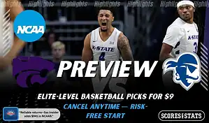Kansas State Wildcats and Seton Hall Pirates featured in NCAA basketball preview graphic ahead of their upcoming matchup.