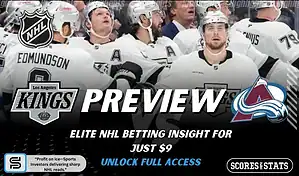 NHL preview graphic featuring Los Angeles Kings and Colorado Avalanche logos with Kings players on the ice and the word preview across the center