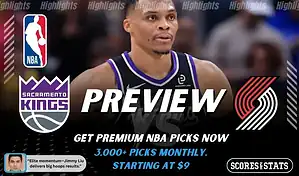 Sacramento Kings vs Portland Trail Blazers NBA preview graphic featuring a Kings player with Kings and Trail Blazers logos and Scores and Stats branding