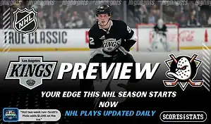 NHL preview graphic showing Los Angeles Kings and Anaheim Ducks logos with a Kings player skating and the word preview across the center
