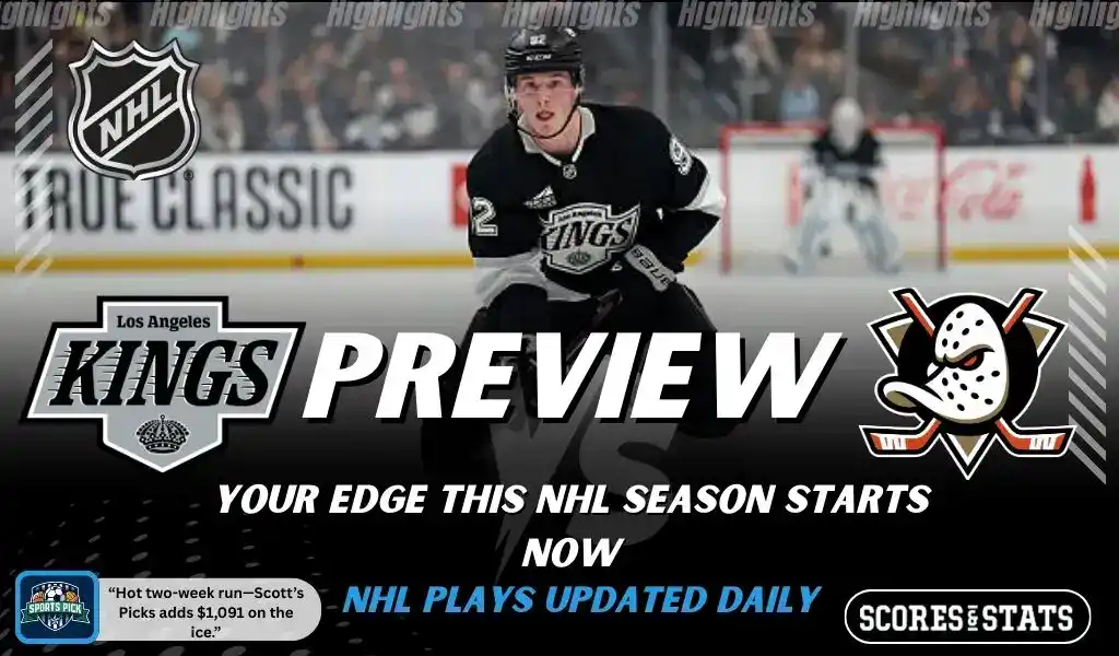 NHL preview graphic showing Los Angeles Kings and Anaheim Ducks logos with a Kings player skating and the word preview across the center
