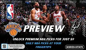 NBA preview graphic featuring New York Knicks and San Antonio Spurs logos with Knicks players battling for a rebound and the word preview across the center