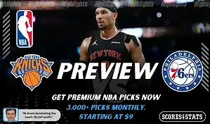 New York Knicks vs Philadelphia 76ers NBA game preview image featuring Knicks player on the court with 76ers logo displayed
