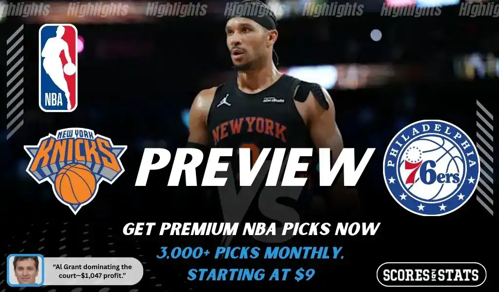 New York Knicks vs Philadelphia 76ers NBA game preview image featuring Knicks player on the court with 76ers logo displayed
