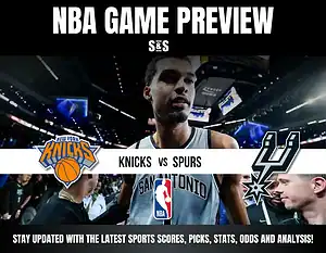 NBA game preview featuring the Knicks vs. Spurs, with logos and a blurred player in action at the arena.