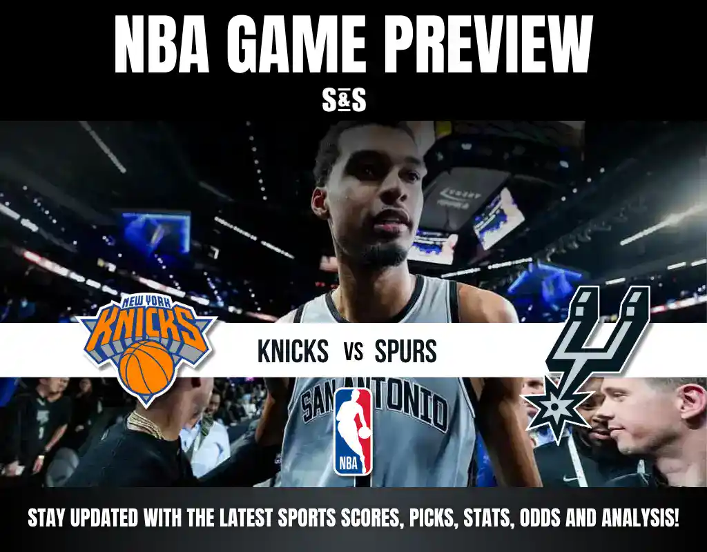 8 NBA game preview featuring the Knicks vs. Spurs, with logos and a blurred player in action at the arena.