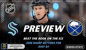 Seattle Kraken and Buffalo Sabres matchup shown in an NHL game preview graphic with a player in focus on the ice.