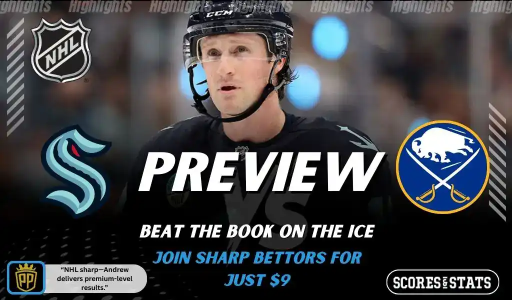 Seattle Kraken and Buffalo Sabres matchup shown in an NHL game preview graphic with a player in focus on the ice.