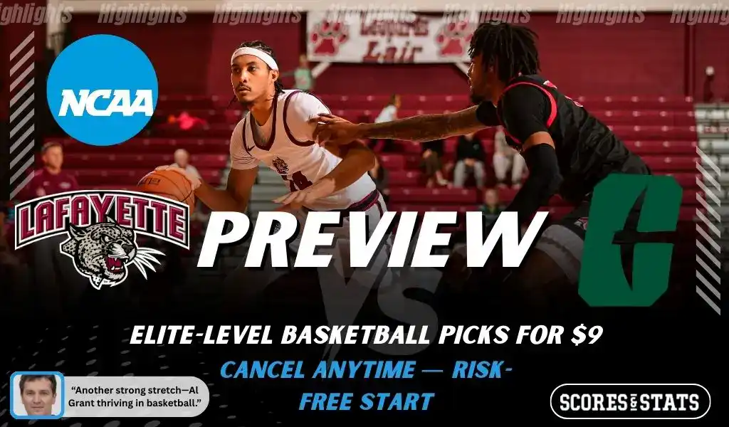 Previews 10 Lafayette Leopards vs Charlotte 49ers NCAA basketball game preview image showing Lafayette player dribbling against Charlotte defender with team logos displayed