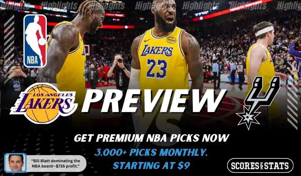 Los Angeles Lakers and San Antonio Spurs featured in NBA matchup preview graphic ahead of their December game.