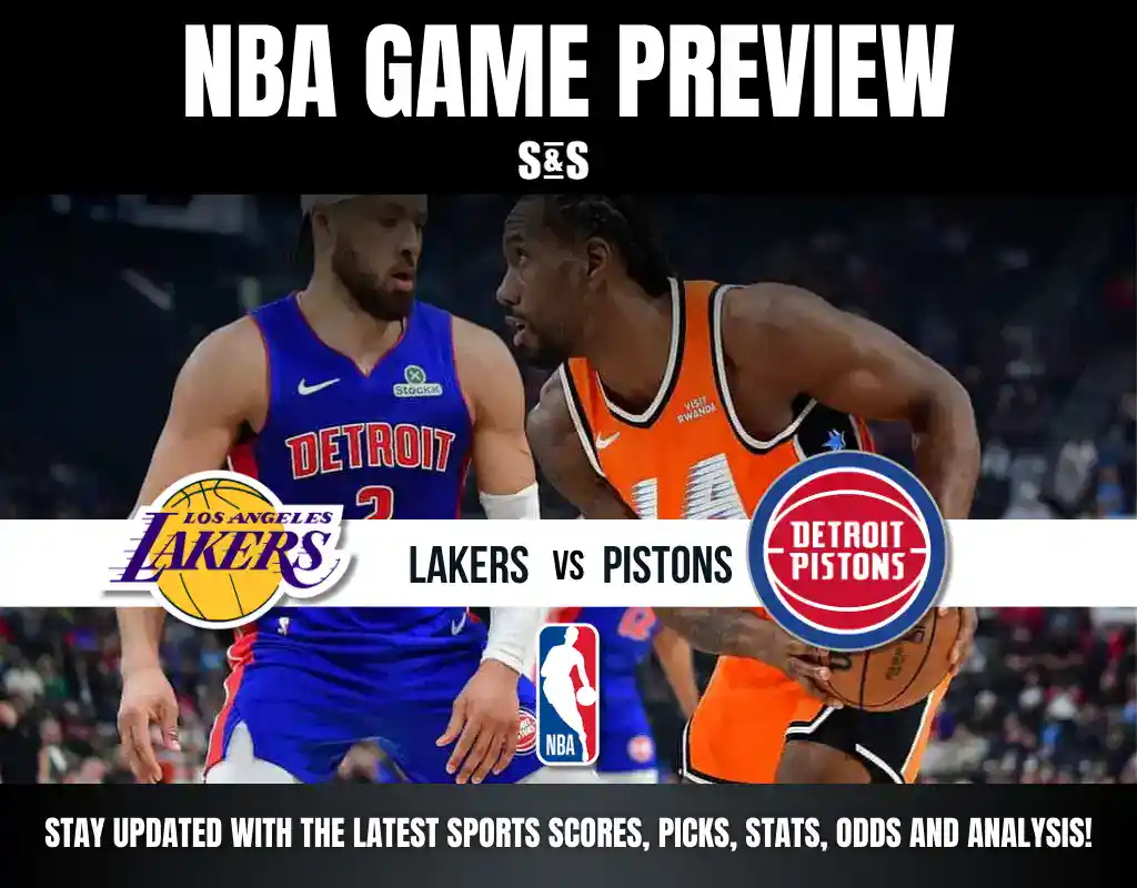 NBA Game Preview: Lakers vs. Pistons, featuring players in action and team logos. Stay updated on scores, picks, and analysis!