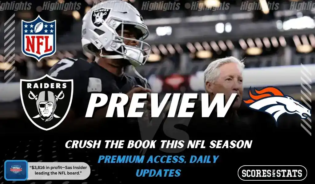 Previews 10 Las Vegas Raiders and Denver Broncos featured in NFL preview graphic ahead of their upcoming matchup.