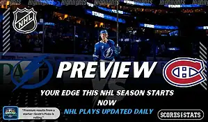 NHL preview graphic featuring Tampa Bay Lightning and Montreal Canadiens logos with a Lightning player on the ice and the word preview across the center