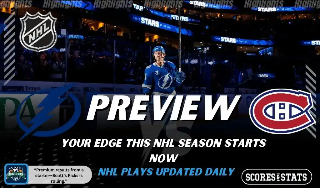 NHL preview graphic featuring Tampa Bay Lightning and Montreal Canadiens logos with a Lightning player on the ice and the word preview across the center