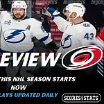 Home 21 Tampa Bay Lightning vs Carolina Hurricanes NHL preview graphic showing Lightning players celebrating with Lightning and Hurricanes logos and Scores and Stats branding