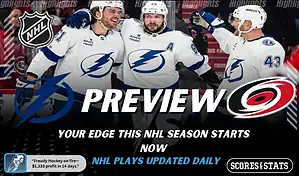 Tampa Bay Lightning vs Carolina Hurricanes NHL preview graphic showing Lightning players celebrating with Lightning and Hurricanes logos and Scores and Stats branding