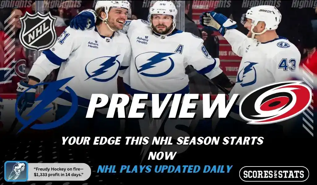 Tampa Bay Lightning vs Carolina Hurricanes NHL preview graphic showing Lightning players celebrating with Lightning and Hurricanes logos and Scores and Stats branding