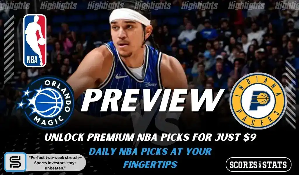 NBA preview graphic featuring Orlando Magic and Indiana Pacers logos with a Magic player in the center and the word preview across the image
