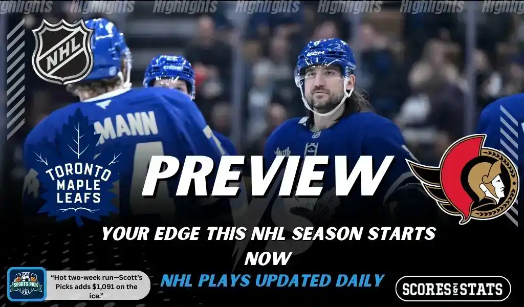 NHL preview graphic featuring Toronto Maple Leafs and Ottawa Senators logos with Maple Leafs players on the ice and the word preview across the center