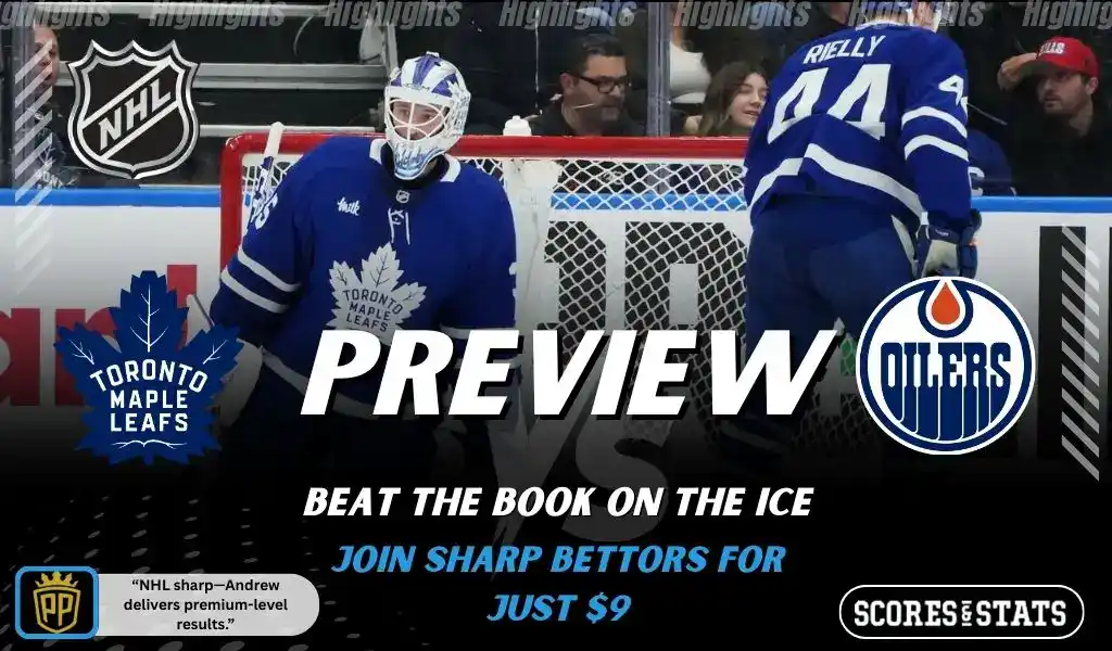 Toronto Maple Leafs goalie and defenseman prepare in front of the net as they face the Edmonton Oilers in an NHL game preview graphic.