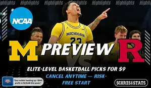 Michigan Wolverines and Rutgers Scarlet Knights featured in NCAA basketball preview graphic before their upcoming matchup.