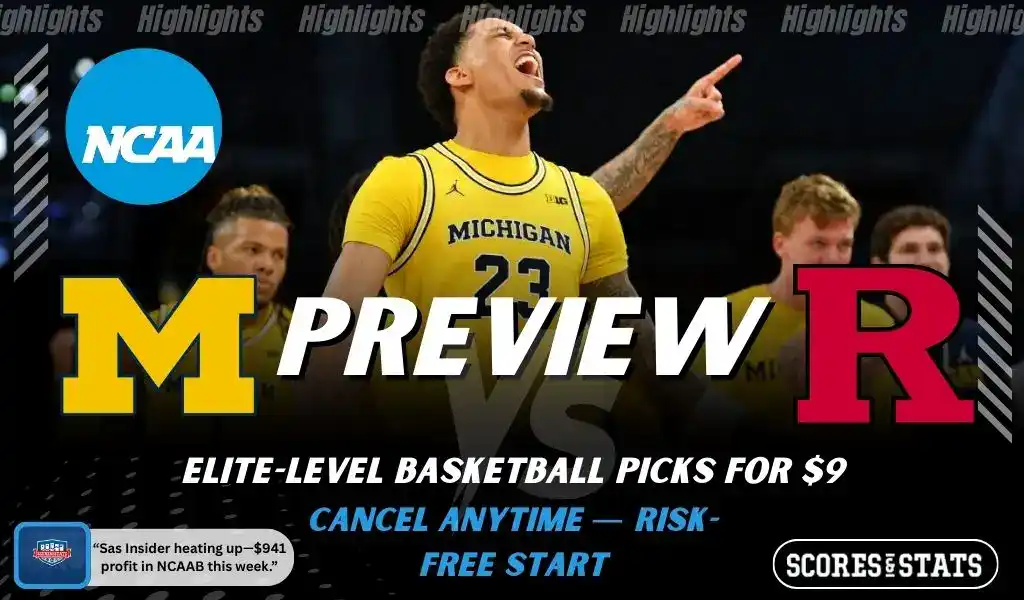 Michigan Wolverines and Rutgers Scarlet Knights featured in NCAA basketball preview graphic before their upcoming matchup.
