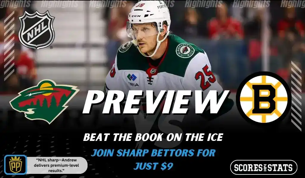 Minnesota Wild vs Boston Bruins NHL game preview with players on the ice and team logos, December 14 2025